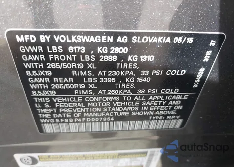 2015 Volkswagen Touareg V6 Lux from USA, damaged, VIN WVGEF9BP4FD007954